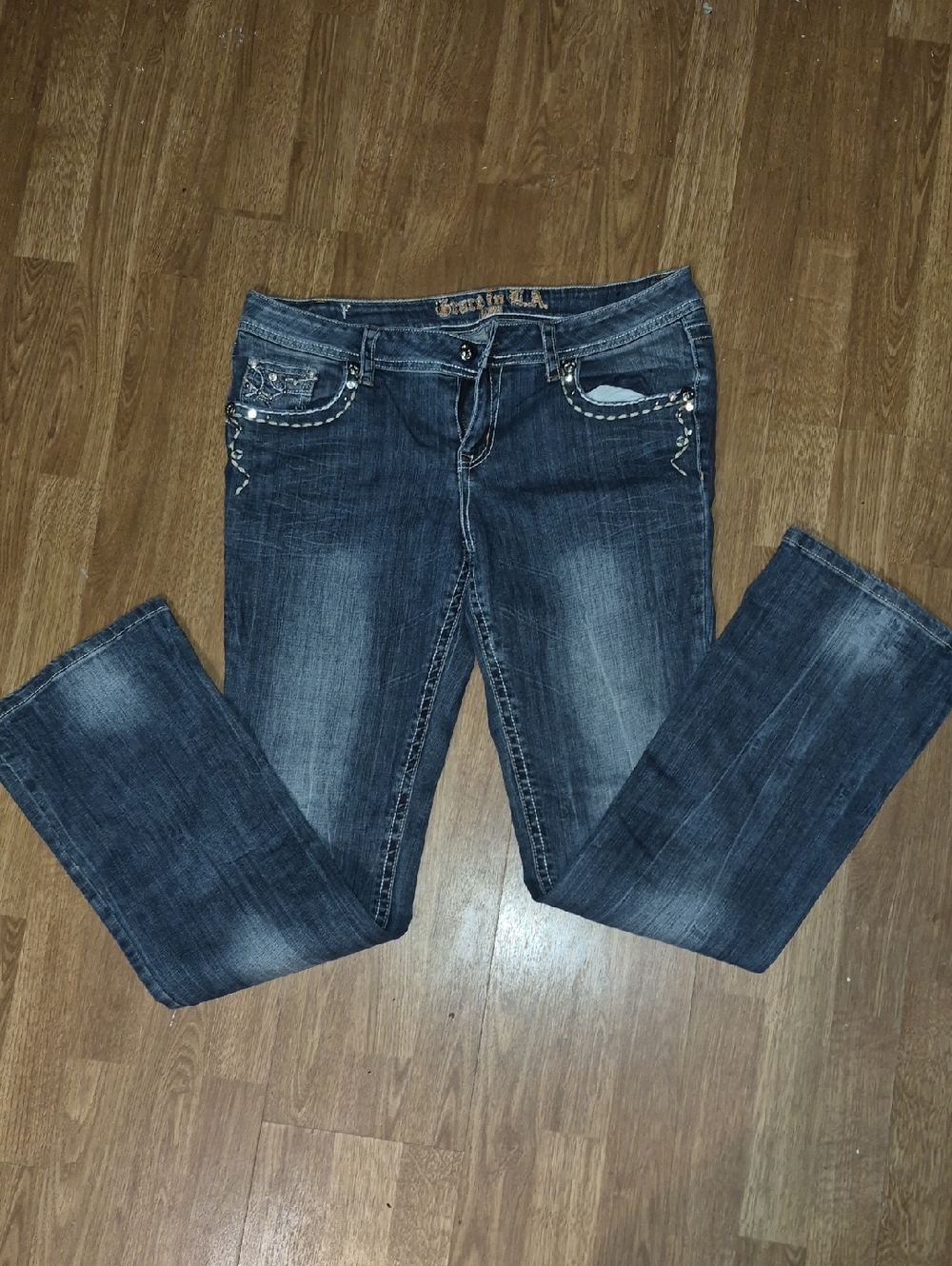 Grace in LA Dark Blue Boot Cut Jeans with Embellished Pockets